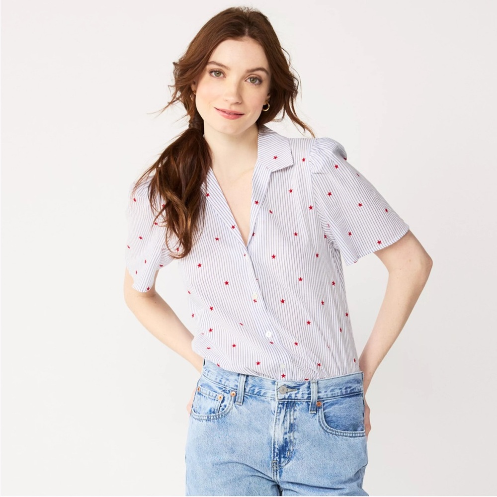 Draper James RSVP Stars Print Bodysuit‎ Shirt XL patriotic stripes cotton New